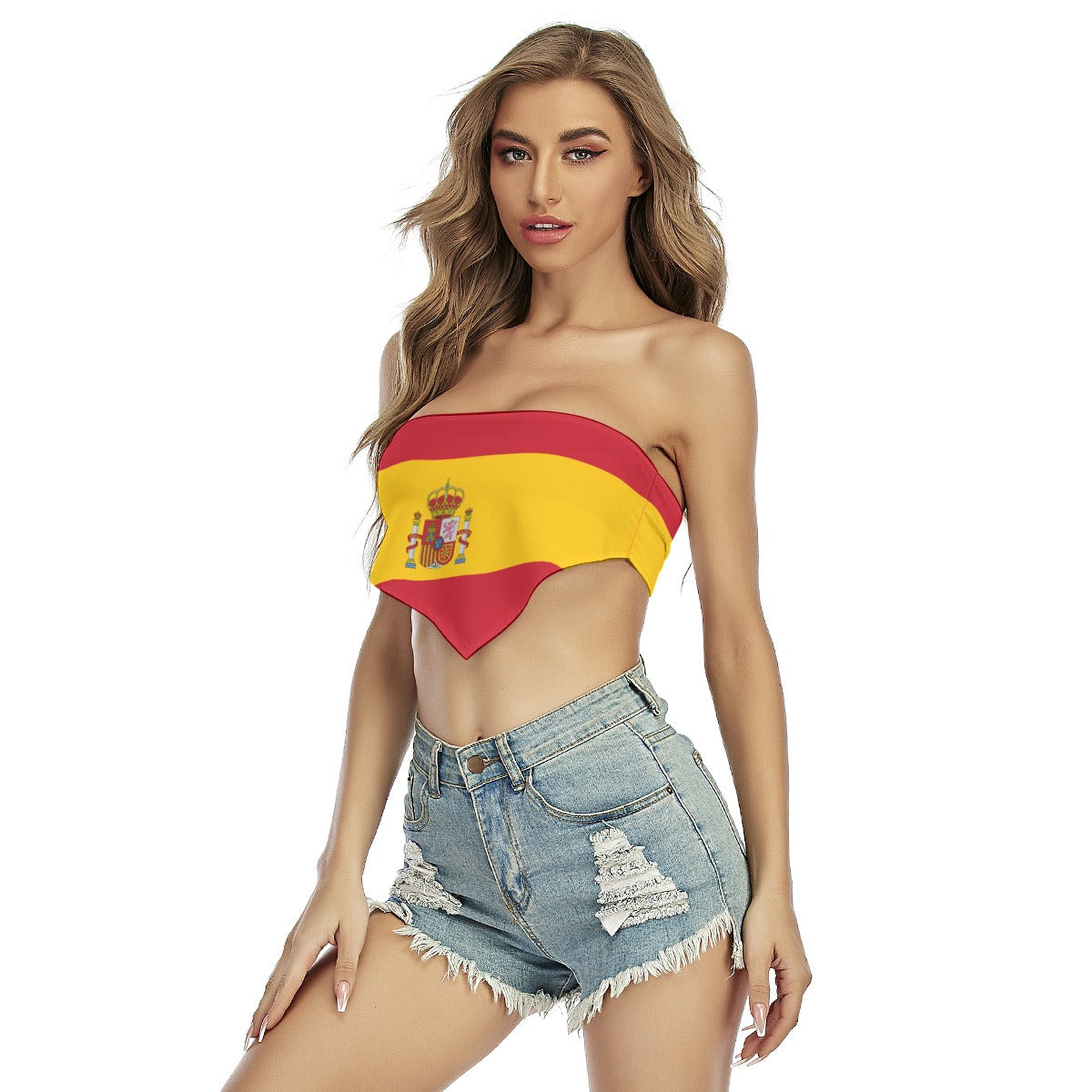 Woman wearing [Brand] Spanish flag tube top and shorts.
