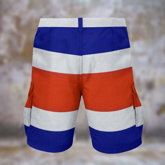 [Brand] shorts with bold blue, white, and red stripes.