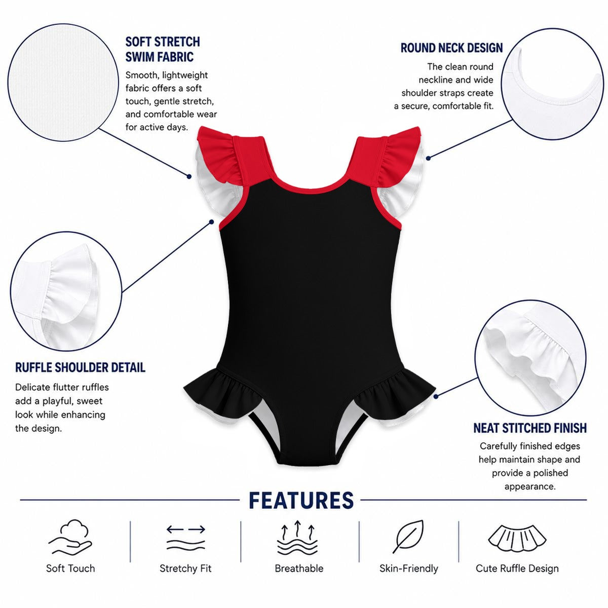 Thin Red Line Flag Inspired Ruffle Sleeve One-Piece Girls Swimsuit
