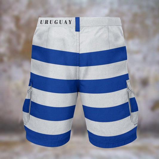 [Brand] blue and white striped shorts with "Uruguay" text.