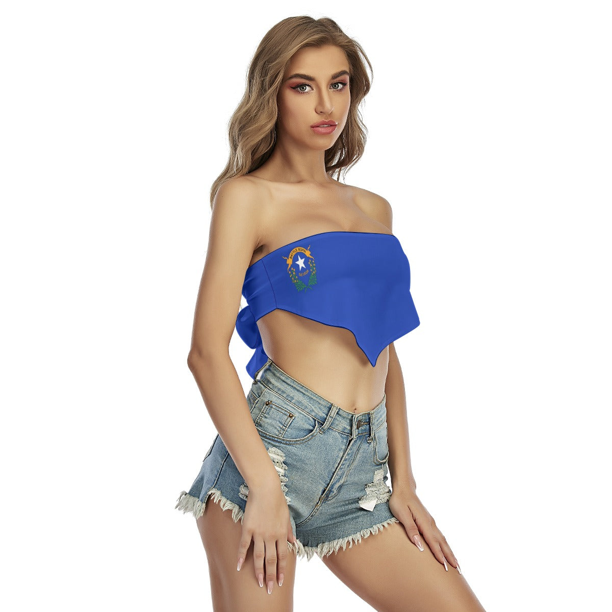 Elegant model wearing [Brand] blue bandeau top and shorts.