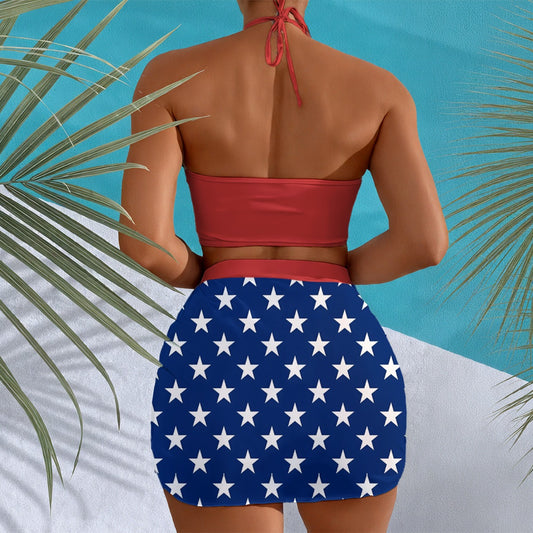 Rear view of woman in [Brand] American flag bikini.