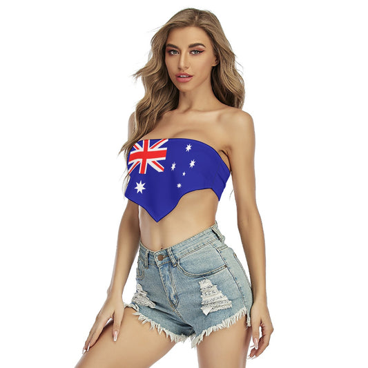 A person wearing [Brand] Australian flag top and shorts.