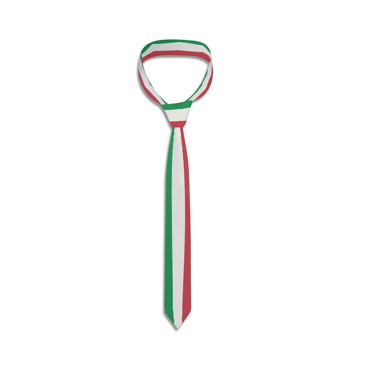 [Brand] necktie with red, white, green vertical stripes design.
