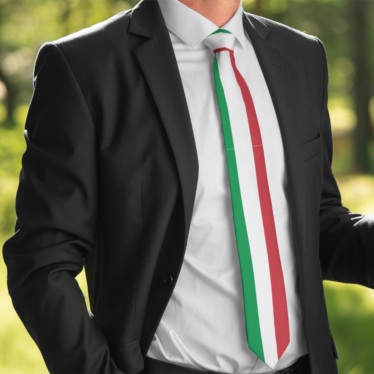 Man in [Brand] suit wearing Italy flag-design tie.