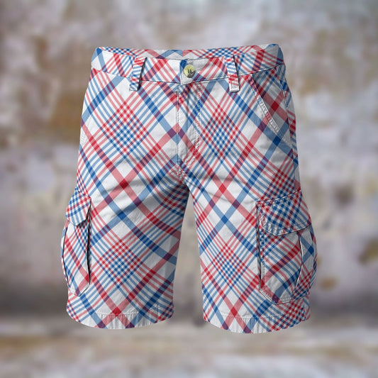 [Brand] plaid shorts with red, white, and blue checks.
