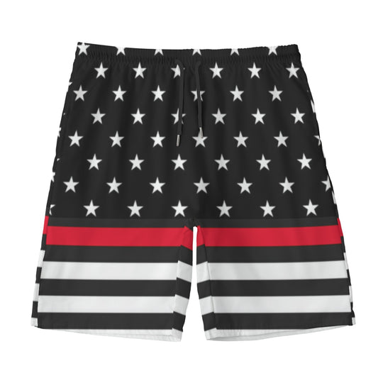 Luv My Flag shorts with stars, black, white, red stripes.