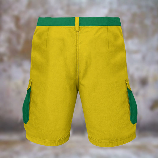 Yellow shorts with green waistband from [Brand], two pockets.