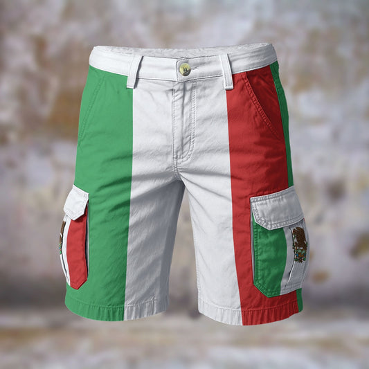[Brand] shorts featuring Mexican flag design with cargo pockets.