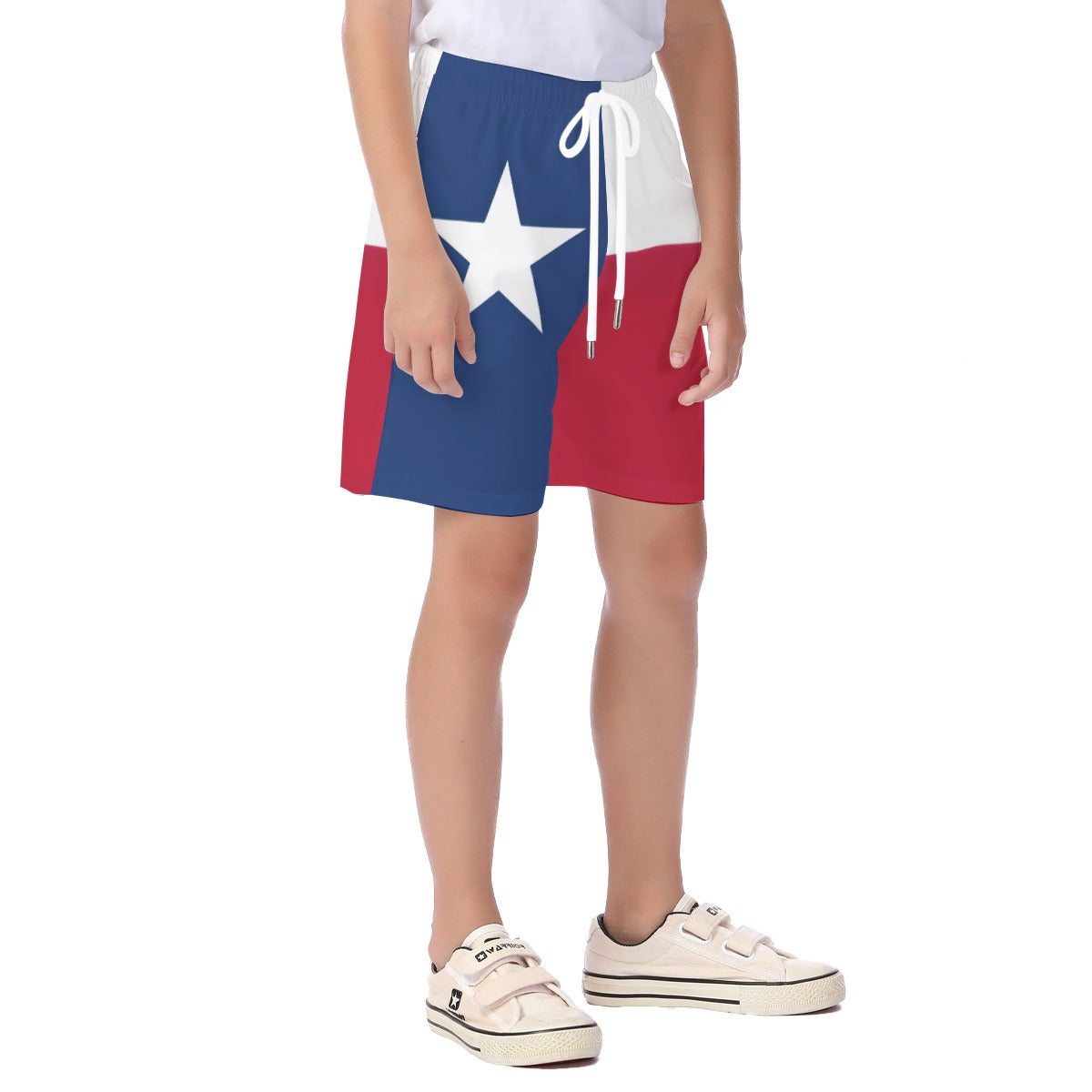 Child wearing [Brand] shorts with Texas flag design.