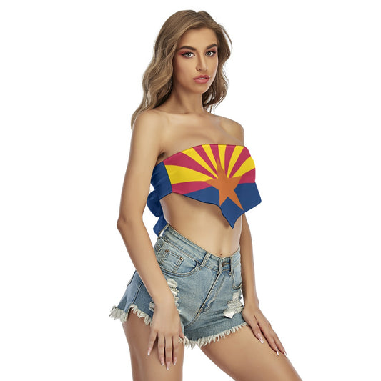 A woman wears [Brand] Arizona flag top and denim shorts.