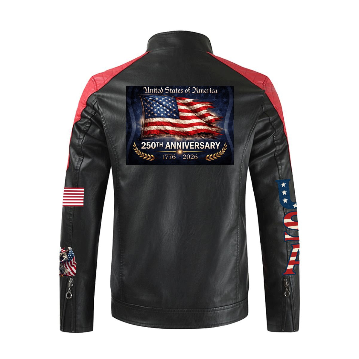 250th Anniversary of the USA Men's Stand-up Collar Block Slim-fit PU Leather Jacket