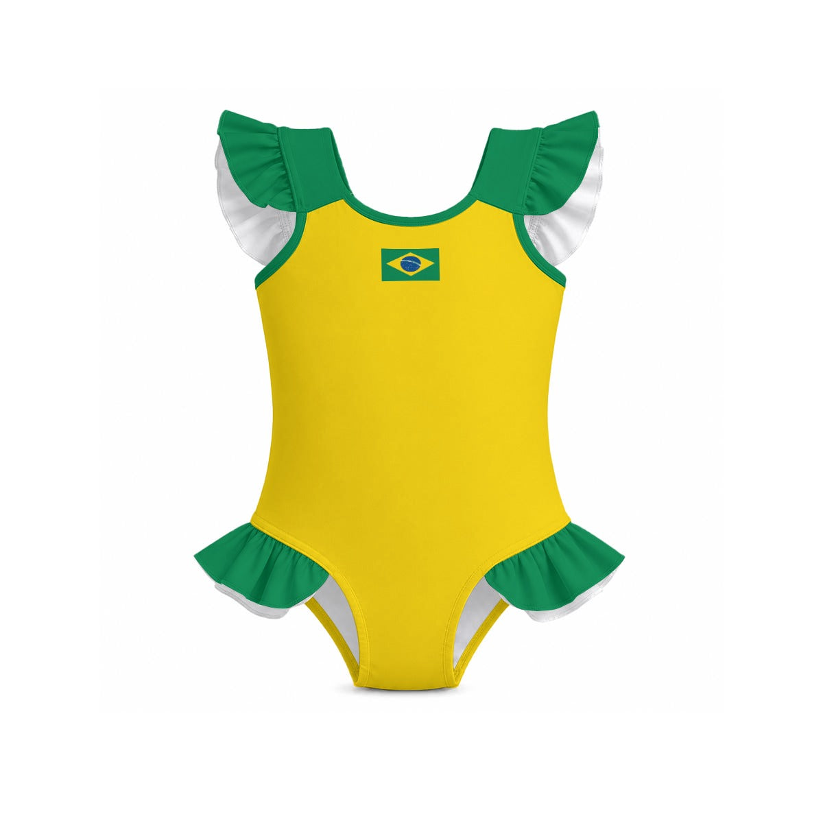 Brazil Flag Inspired Ruffle Sleeve One-Piece Girls Swimsuit