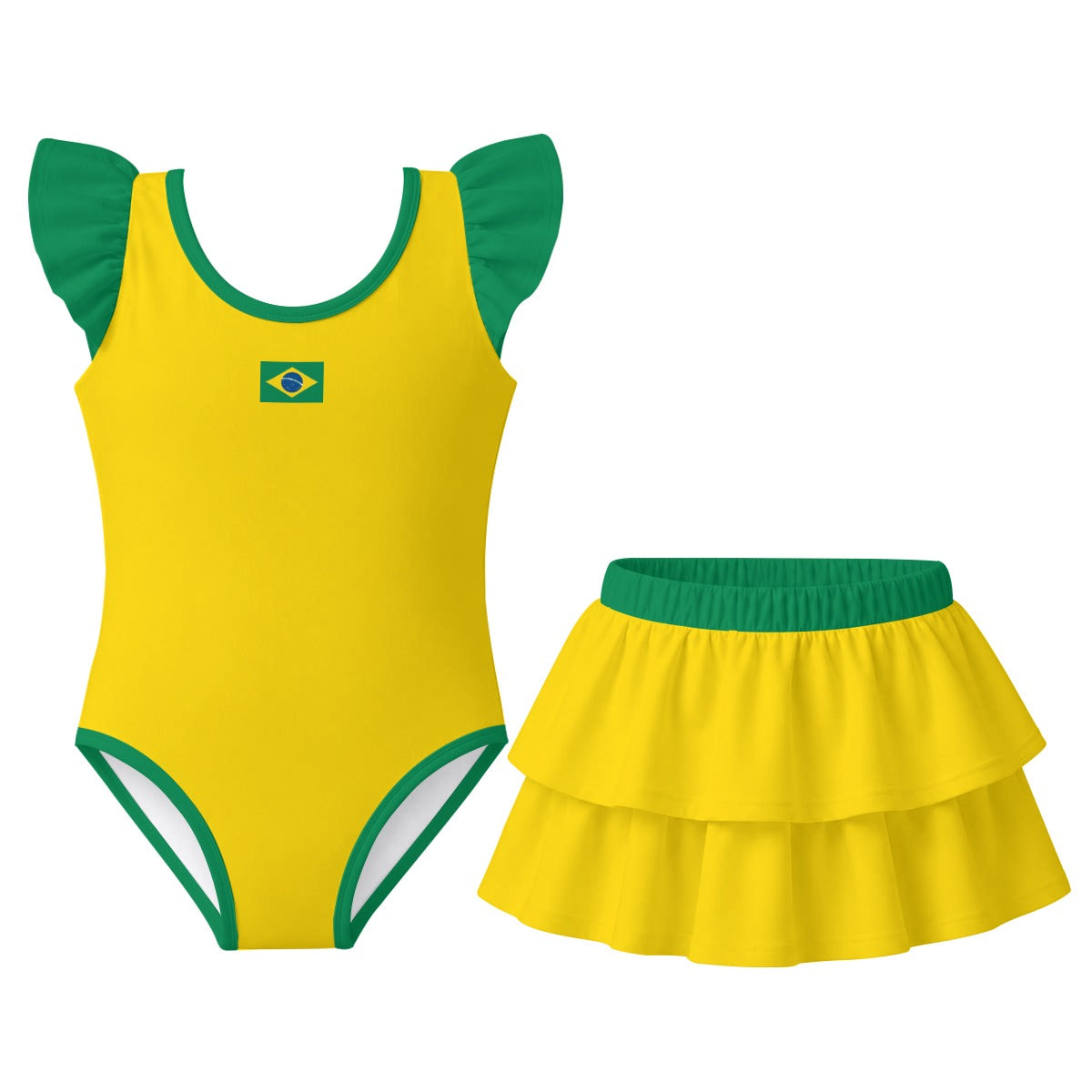 Brazil Flag Inspired Ruffle Layered Girls Swim Set