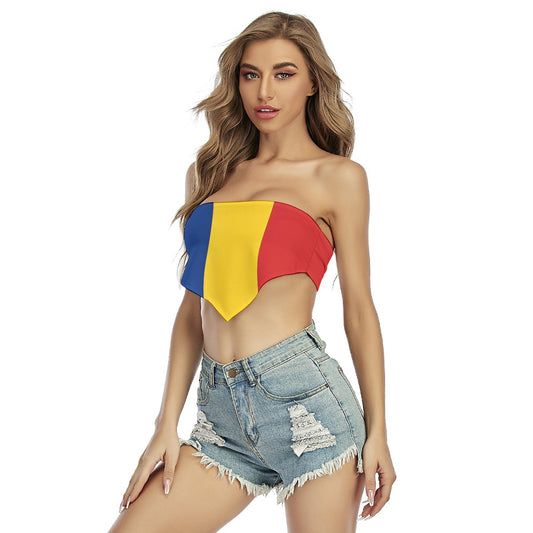 Woman wearing [Brand] Romanian flag top, denim shorts fashion.
