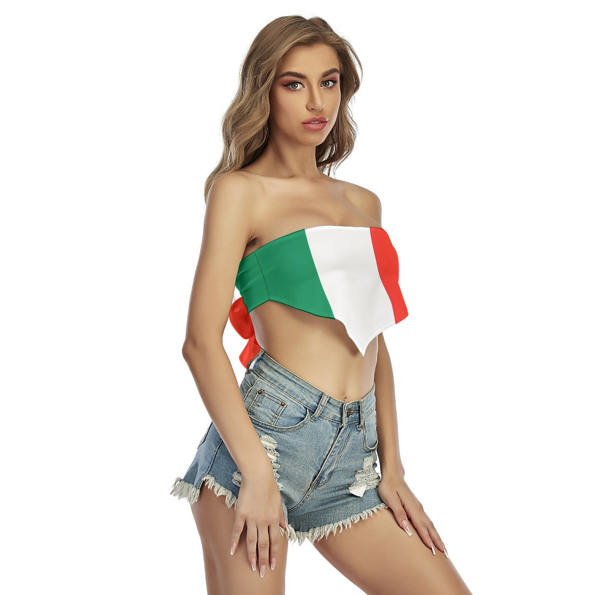 [Brand] model wearing Italian-flag tube top and denim shorts.
