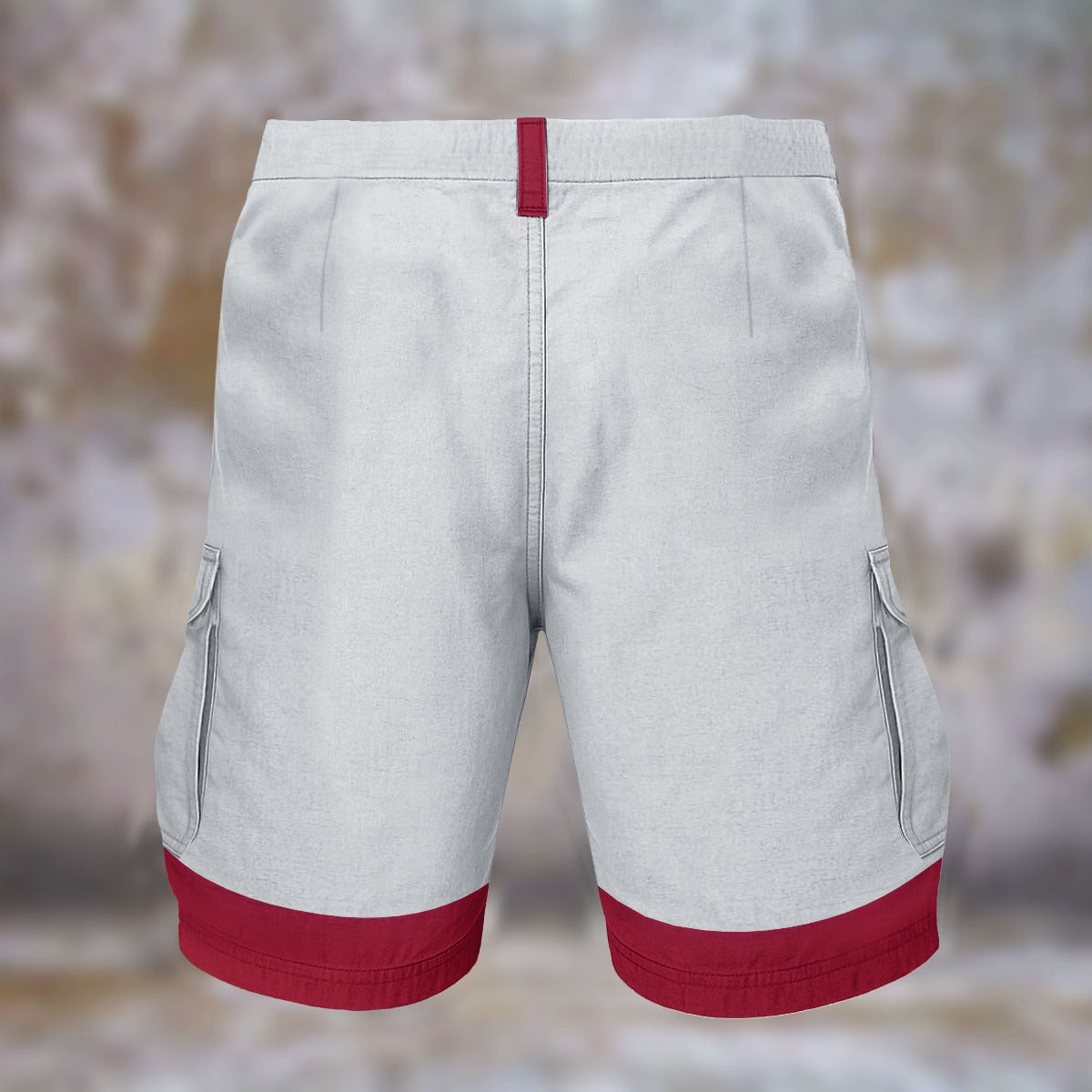 [Brand] gray cargo shorts with red waistband and hem.