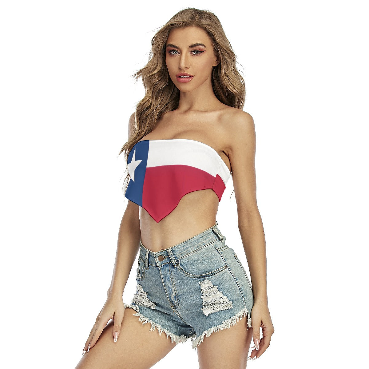 Woman wearing Texas flag top, denim shorts; [Brand] fashion.