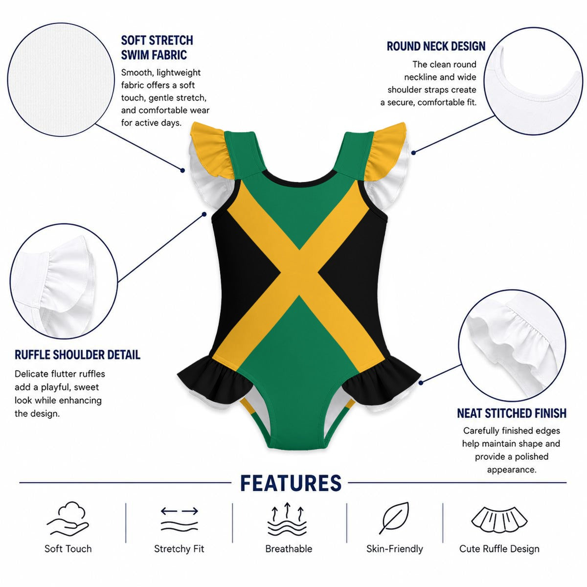 Jamaica Flag Inspired Ruffle Sleeve One-Piece Girls Swimsuit