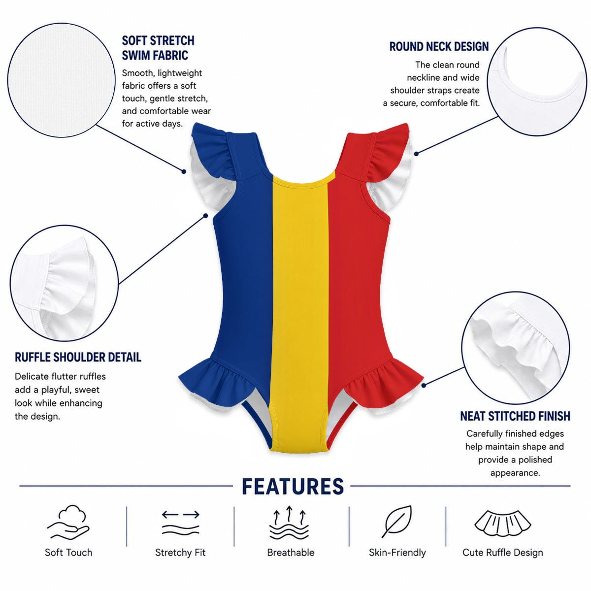 Romania Flag Inspired Ruffle Sleeve One-Piece Girls Swimsuit