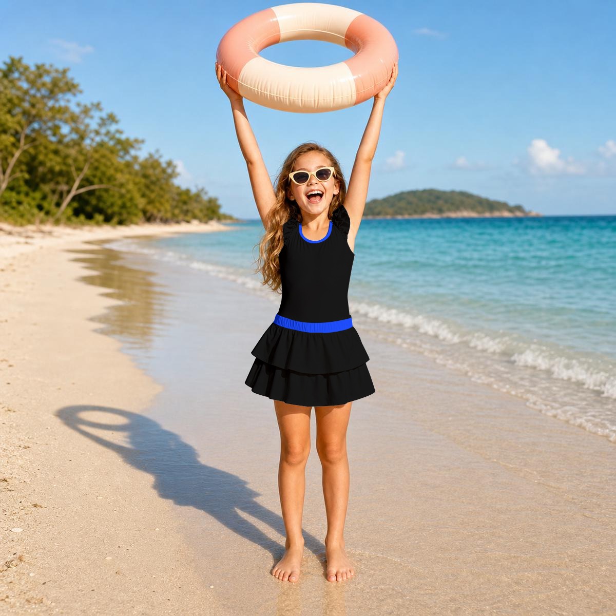 Thin Blue Line Flag Inspired Ruffle Layered Girls Swim Set