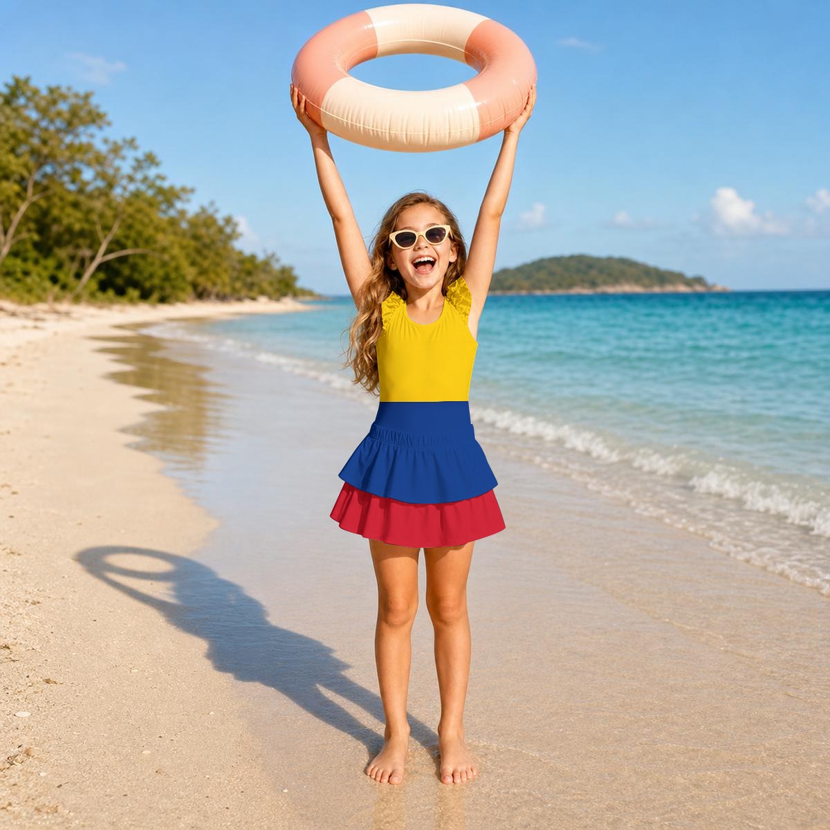 Colombia Flag Inspired Ruffle Layered Girls Swim Set