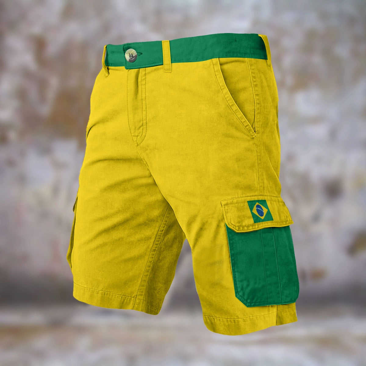 Yellow and green cargo shorts with logo, by [Brand].