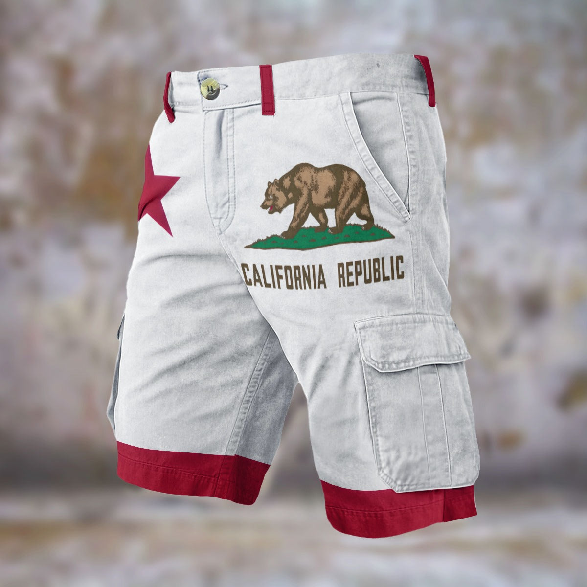 White shorts with California Republic print, by [Brand].