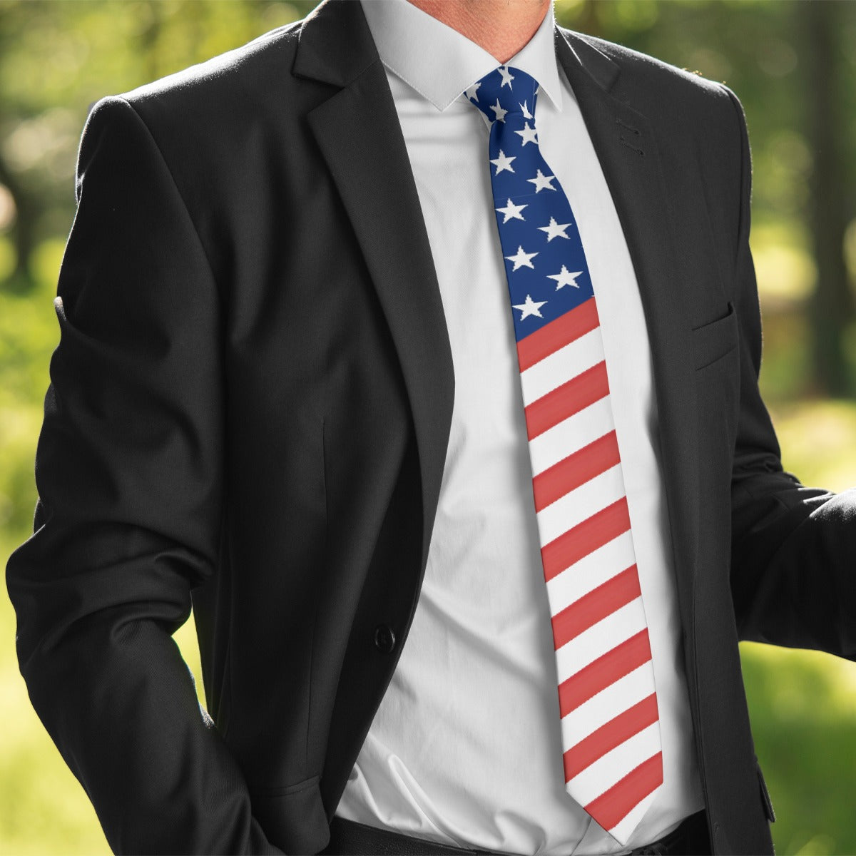 Person in black suit wearing [Brand] American flag-themed tie.