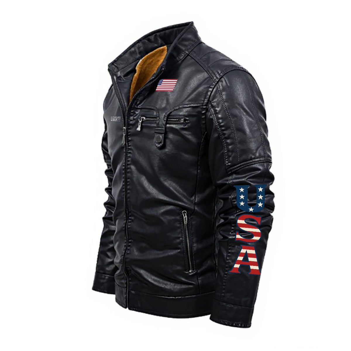 USA/American Flag Inspired Plush Fleece Decorative Zipper Faux Leather Jacket