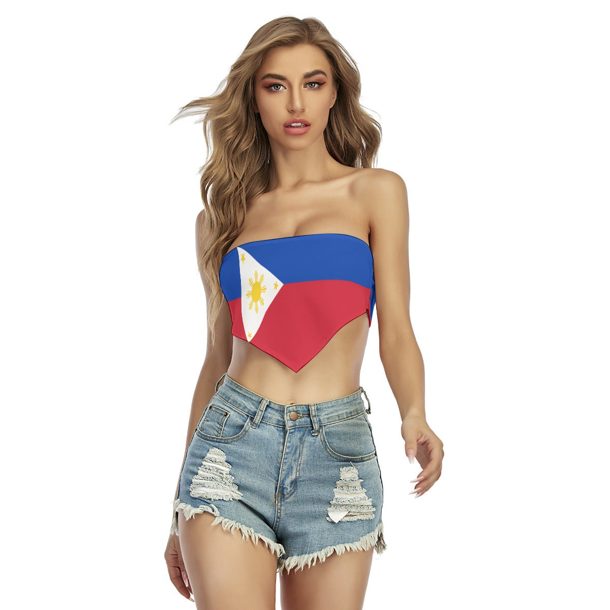 Woman wearing [Brand] top with Philippine flag design, shorts.