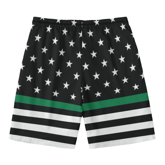 Black shorts with stars and stripes, featuring Luv My Flag.