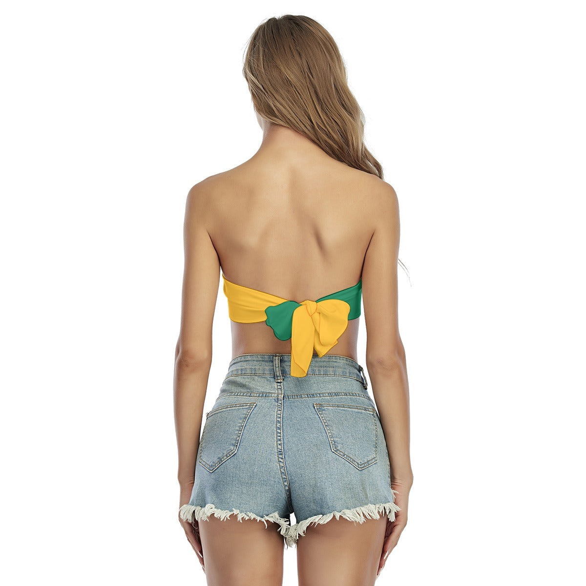 Woman in [Brand] bikini top with denim shorts, back view.