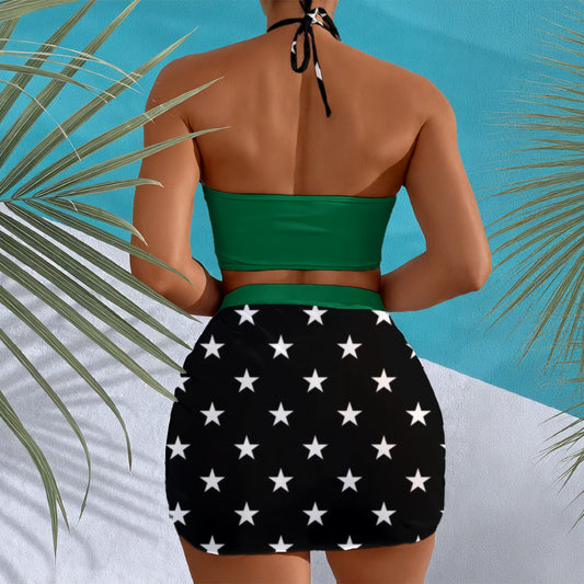 Female model wearing Luv My Flag star-patterned dress outdoors.