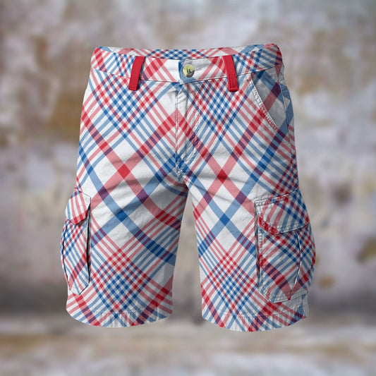 USA/American Flag Colored Plaid Pattern Men’s Cargo Shorts