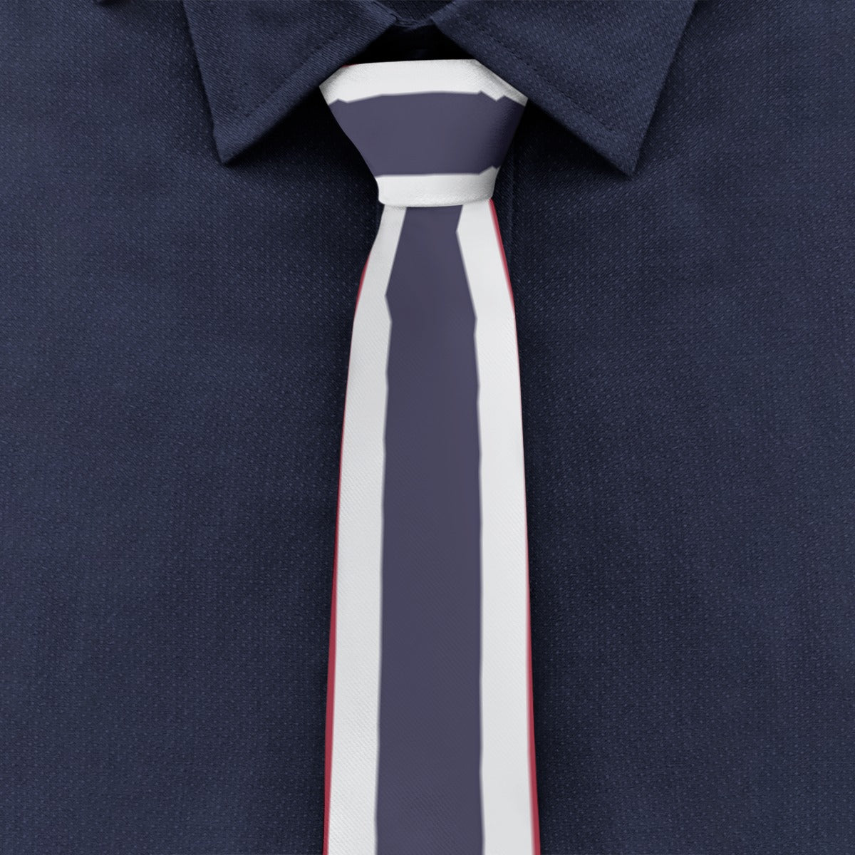 Navy shirt with striped [Brand] tie in contrasting colors.