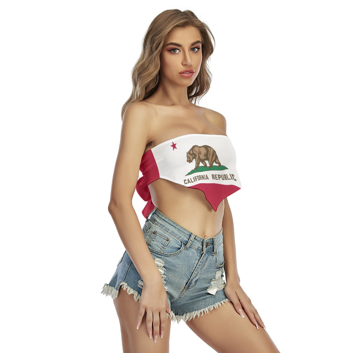 Woman in California flag top, denim shorts, [Brand] fashion.