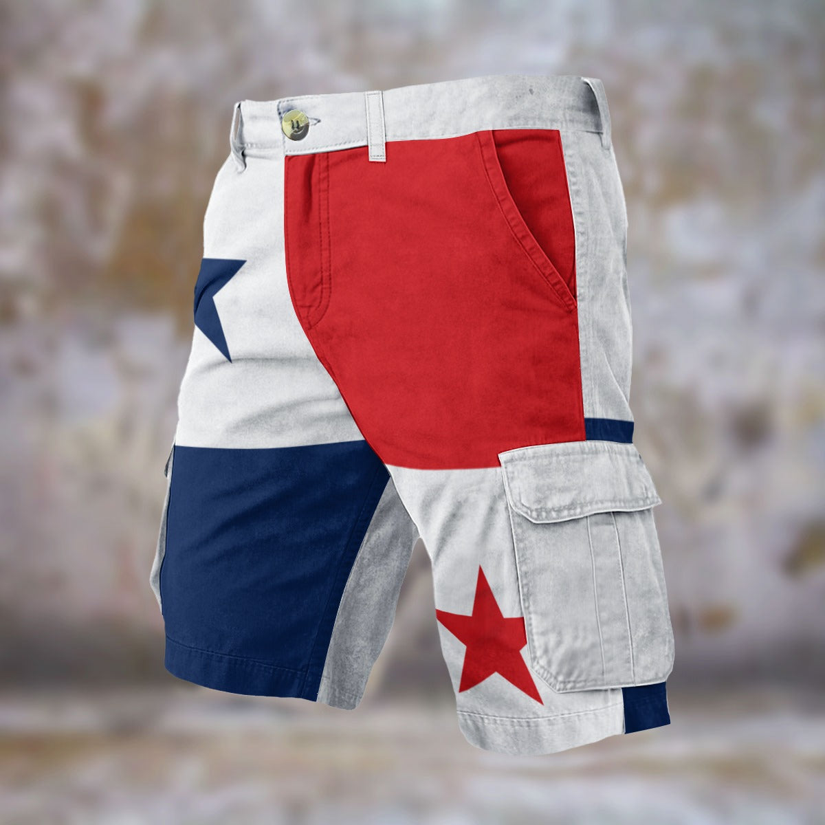 Colorful [Brand] shorts featuring star patterns and cargo pockets.