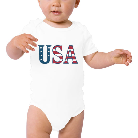 USA/American Flag Inspired Letters Baby Short Sleeve Unisex Bodysuits（Made in USA）