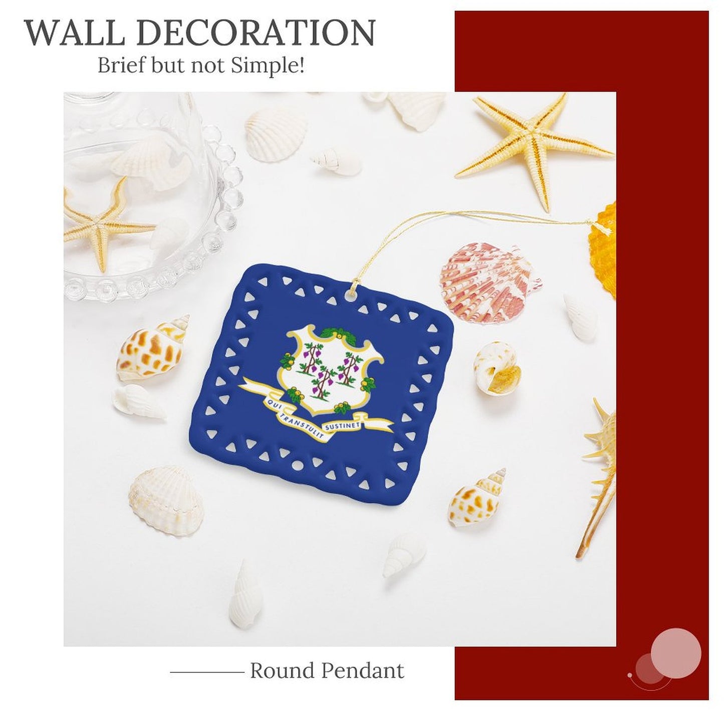 Connecticut Flag Inspired Square Ceramic Ornament Made in the USA