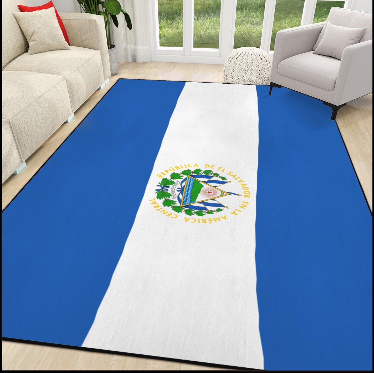 El Salvador Flag Inspired 84x60 Inch Area Rug with Black Binding (Made in the USA)