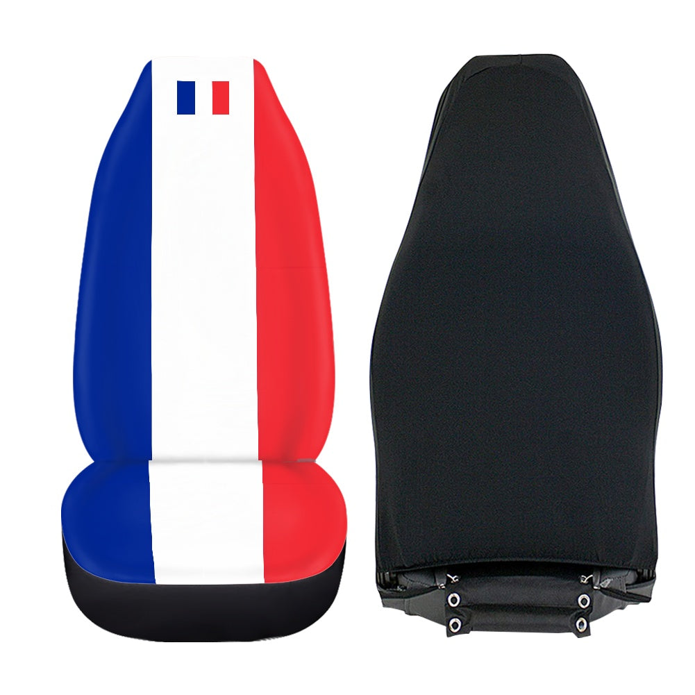 [Brand] car seat covers featuring French flag design.
