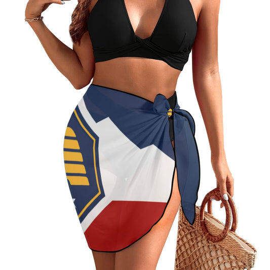 Woman wearing Luv My Flag sarong with blue, red, yellow.