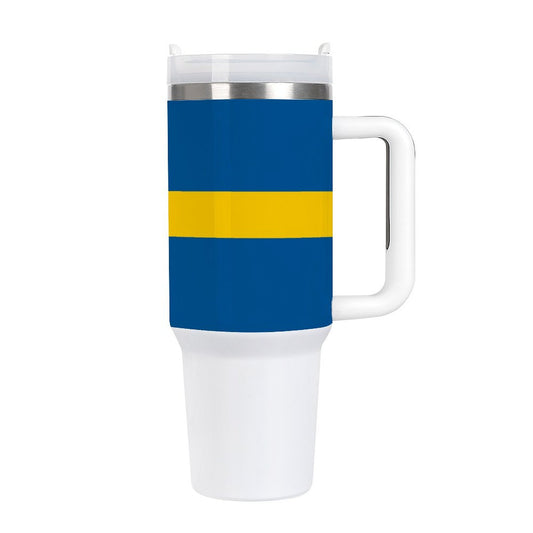 [Brand] travel mug with blue and yellow stripe design.