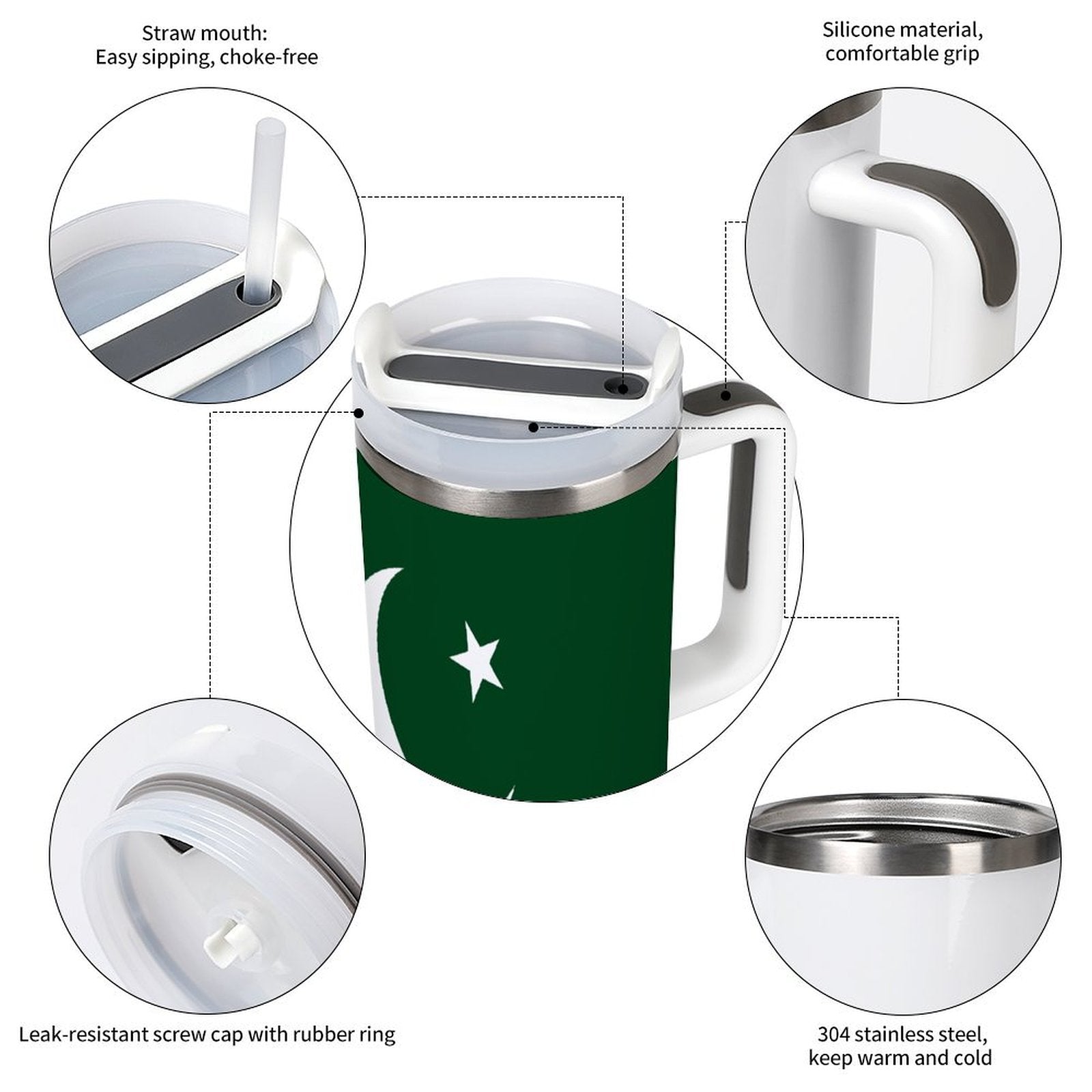 [Brand] insulated mug with straw, silicone grip, and cap.