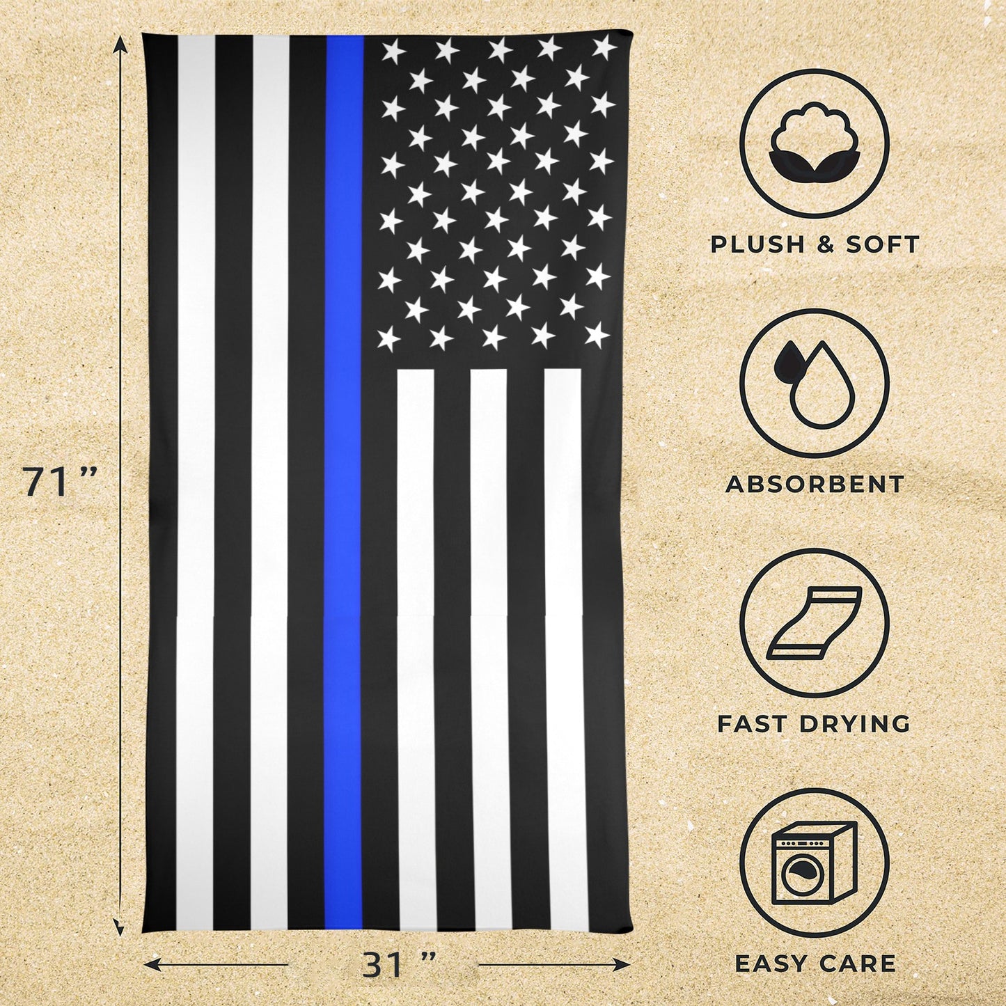 Thin Blue Line Flag Beach Towel 31"x71" (Made in USA)