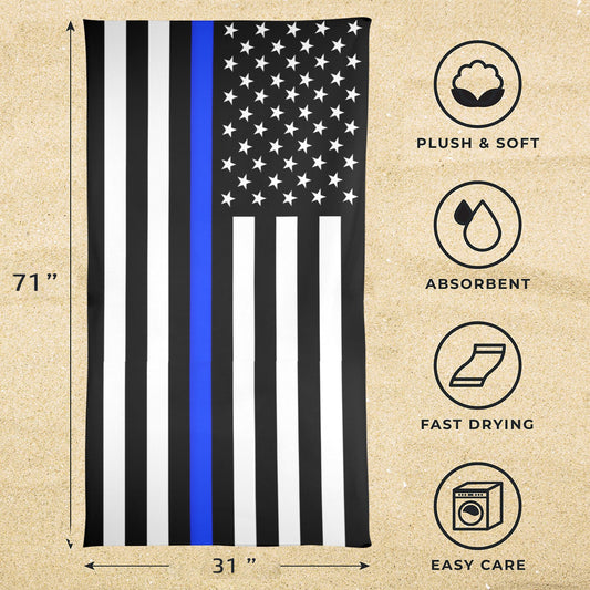 Thin Blue Line Flag Beach Towel 31"x71" (Made in USA)