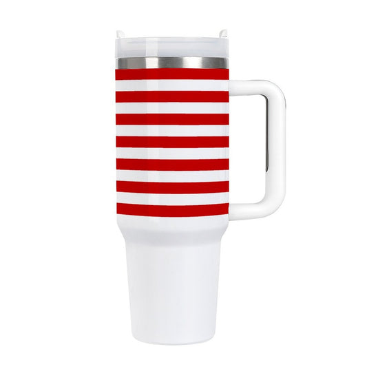 [Brand] striped travel mug with red and white design.