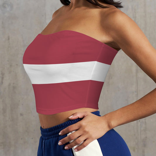 A woman models a [Brand] striped tube top confidently.