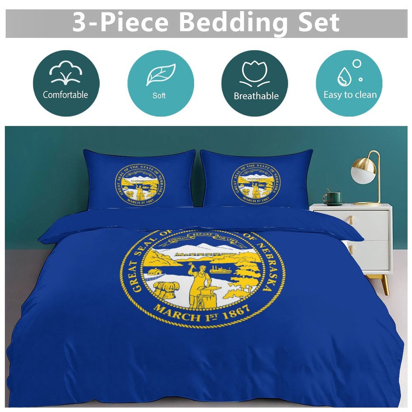 Nebraska Flag Inspired 3-Piece Bedding Set (1 Duvet Cover + 2 Pillow Shams) – 102"×90"